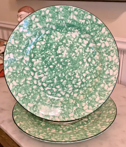TWO Vtg STANGL Town & Country Green Spongeware Dinner Plates, 10.5", EUC!