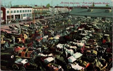 Los Angeles California Fruit and Vegetable Market Horse Wagons Postcard