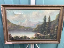 Antique Hudson River-School Style Large-Framed Oil Painting Of River/Mountains