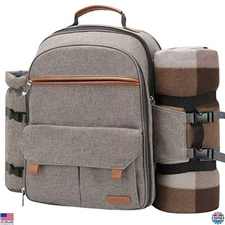 Sunflora 4-Person Picnic Backpack Set with Blanket, Cooler, Wine Pouch - Beige