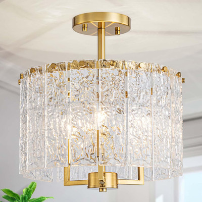 Stylish 3-Light Semi-Flushmount Ceiling Light with Glass Shade & Gold Frame