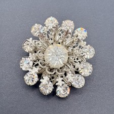 Vintage Flower Brooch Silver Tone Filigree Clear Rhinestone Floral Retro 1.5"