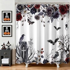 Halloween Shower Curtain for Bathroom Horror Gothic Skull Raven Bat Bath Curtain