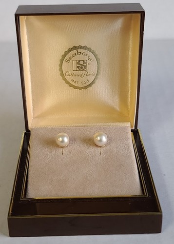 14K Yellow Gold 8mm Seaborne Cultured Pearl Stud Earrings Orig. Box Vintage - Picture 7 of 7