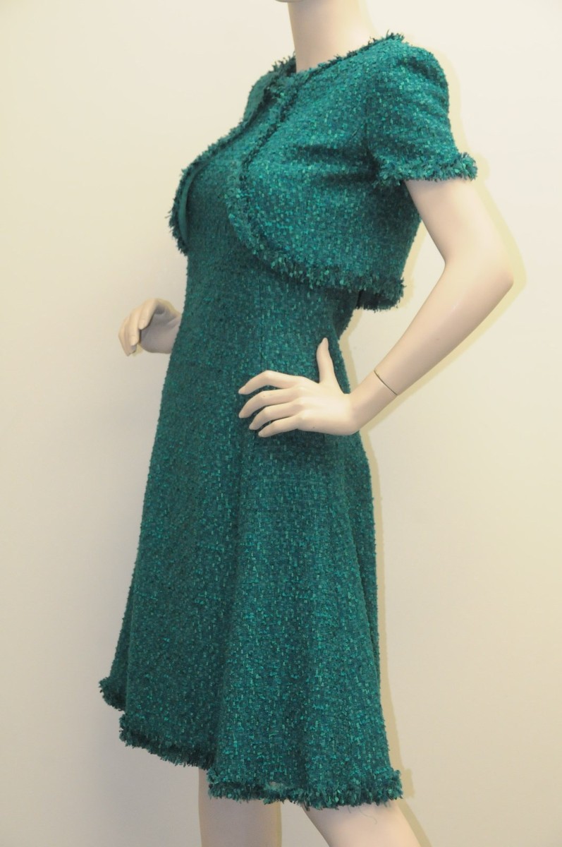 Oscar de la Renta★素敵！Green Tweed Belted Dress NWT Oscar de la Renta Green Tweed Short Sleeve Belted Dress