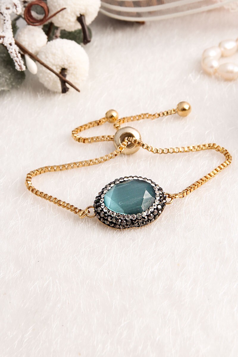 Bracelet Plaqué Or Jaune Zircons Œil de Chat Idée Cadeau Taille Unique