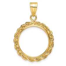 14k Polished Prong Rope Chain Edge Coin Bezel Pendant Charm Holds Several Sizes