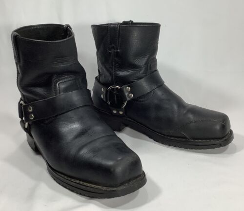 Vintage Black Leather Motorcycle Biker Ankle Buckle Boots USA Men's Size 12D - Afbeelding 1 van 10