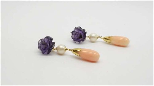 Pendientes de Oro Amarillo 18KT Con Rosas De Amatista Perlas Y Coral Rosa Oght - Imagen 2 de 3