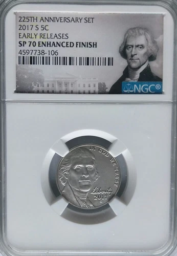 NGC SP70 2017-S JEFFERSON Nickel Enhanced Finish 225th Anniversary US Mint Top *