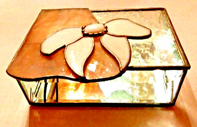 Glass JEWELRY TRINKET BOX Beveled Stained Glass Bow Hinged Layer Top Signed 