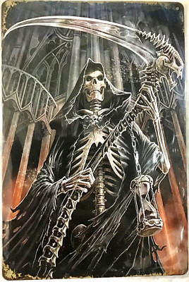 TIN SIGN new 8x12 Grim reaper scythe skeleton kill death dead hour glass ( RR)