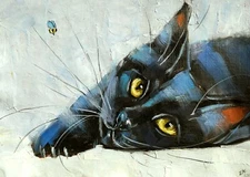 Original Oil Painting Black Cat and Bee Funny Cat Art Whimsical Pet Portrait