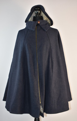 Vintage Davai Dark Blue Cape Zip Up Lined Poncho Removable Hood France Pockets