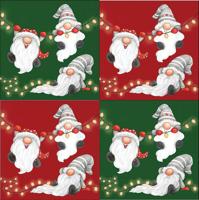 4 x MIXED Paper Napkins/33cm/3Ply/Decoupage/Christmas/Little Gnomes/Light Chain