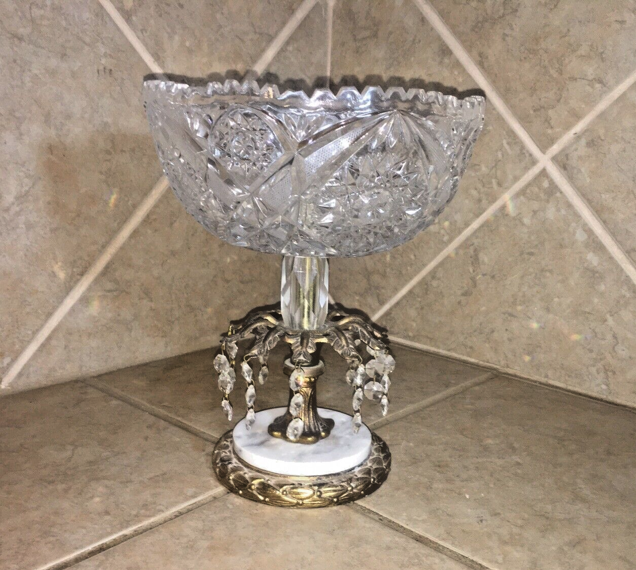 Hollywood Regency Marble Glass Pedestal Bowl with Brass Triple Prisms