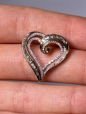 Solid 10K Yellow Gold Heart Shape Pendant  Natural Baguette  Round Diamonds