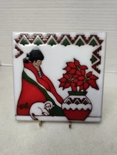 Earthtones 6" Pottery Tile Trivet, Tu-Oti, Southwest Cat Christmas Poinsettia 