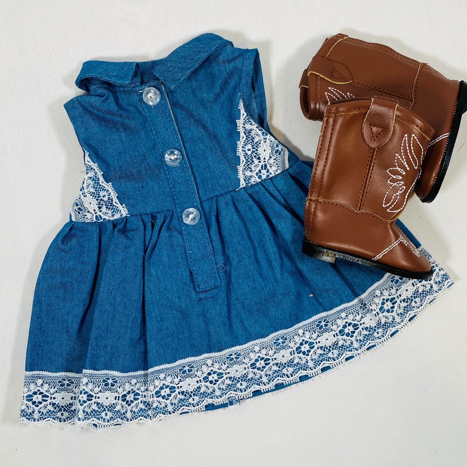 Denim Lace Dress & Brown Cowgirl Boots Outfit - Set for 18" American Girl Doll