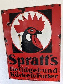 Emailschild Spratt‘s Hahn Geflügel und Kücken Futter Lindenstaedt 97x72cm