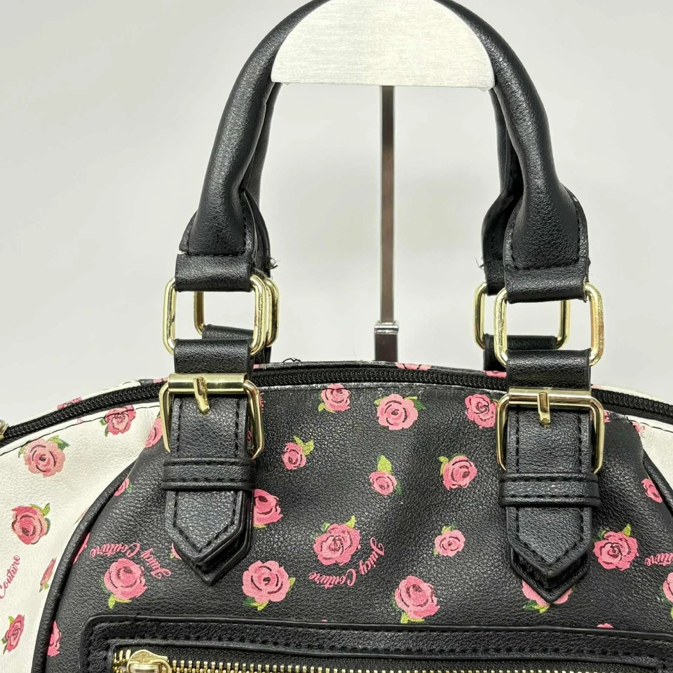 Bolsa satchel feminina Juicy Couture alça superior preta branca rosa rosas média - Imagem 4 de 4