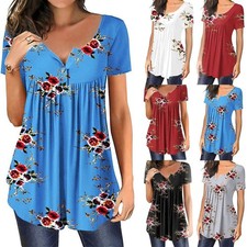 Women V Neck Short Sleeve T Shirt Tops Ladies Floral Print Casual Tee Shrit