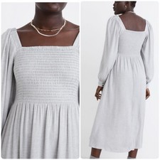 Madewell Lucie Long Sleeve Smocked Wool Gauze Midi Dress in Heathered Gray sz M