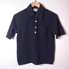 Hermes Vintage Womens Navy 100 Pure Cashmere Short Sleeve Polo Sweater RTW Med