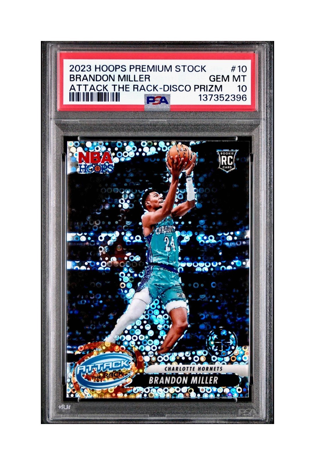 Brandon Miller 2023 Panini Hoops Premium Attack the Rack #10 Disco Prizm PSA 10