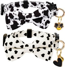 2 Pack Cotton Cat Collar with Bow Tie and Bell for Male Female Cow Heart