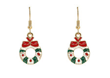 Christmas holiday wreath earrings in red, green, and white colors and bow - New