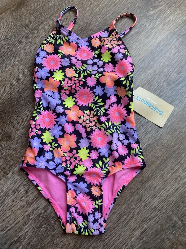 Thereabouts Girls xs 4/5 Floral One Piece Swimsuit Pink Purple Adjustable Straps