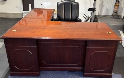 kimball Senator L-Shaped Executive Desk - Cordovian Walnut - Brass Features