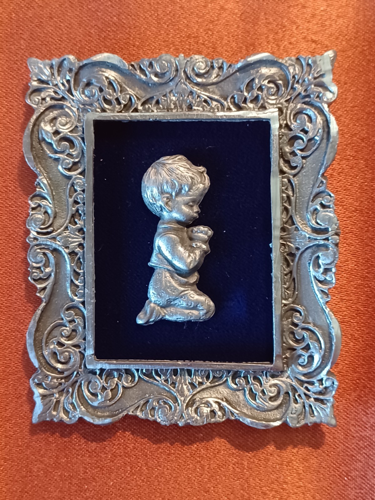 Vintage H.M.S. Pewter Praying Boy in Ornate Frame Easel Stand 2.5x3" - Soft Blue thumbnail 6
