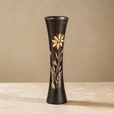Vintage Hand Turned Wooden Vase Floral Inlay Mid Century 12" Tall