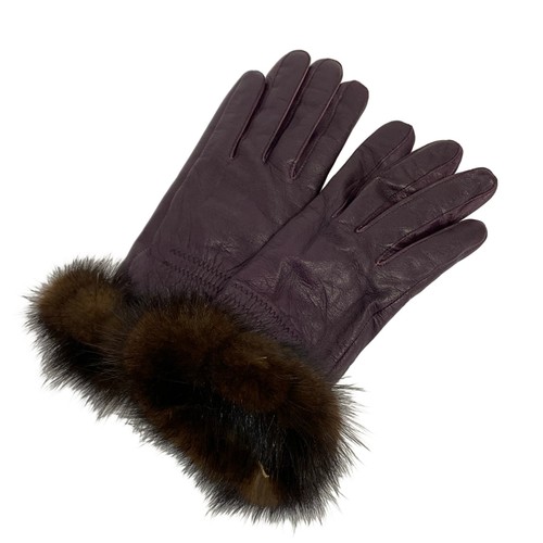 LANVIN COLLECTION - Purple Dark Brown Leather Fur Women's Gloves