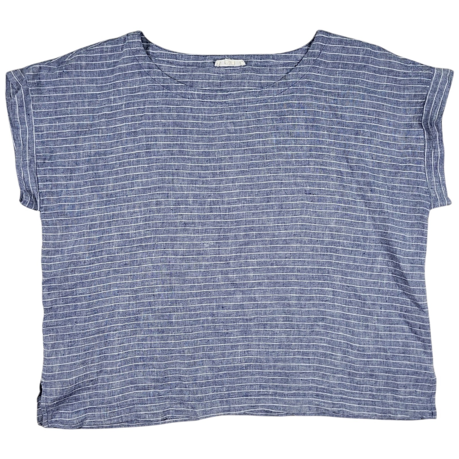 Eileen Fisher Top Womens S Blue Striped Linen Boat Neck Boxy Coastal Minimalist