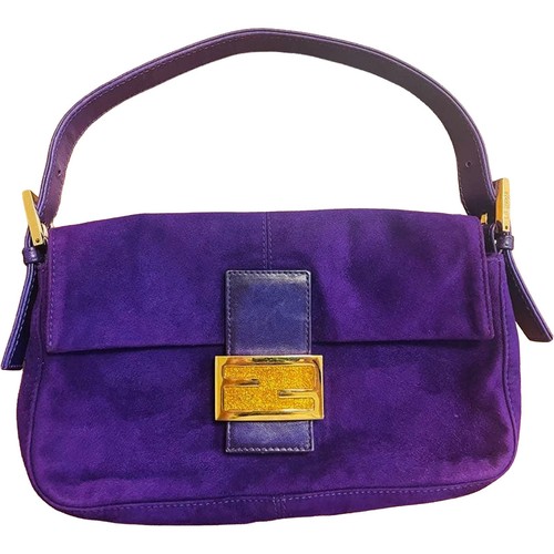 Fendi Mamma Baguette Purple Suede Shoulder Bag Flap Gold FF Logo Vtg Italy Auth