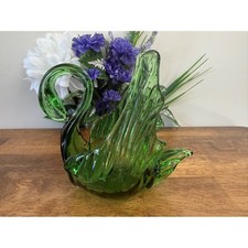 Vintage Hand-Blown Green Glass Swan Dish   Art Glass Figurine Centerpiece Retro