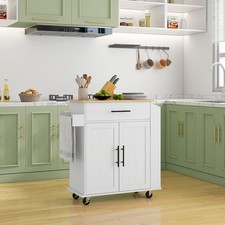 Kitchen Island with Storage and Power Outlets, Rolling, White