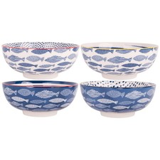 Set of 4 Assortedt 6"D Fish Blue/White Machine Print Bowls