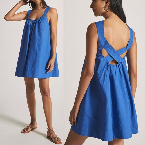 Anthropologie Maeve Cross-Back Mini Dress, Sz L Blue Cotton Babydoll Pockets