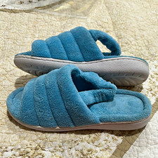 Women  s Blue Faux Fur Slide Slippers Open Toe Slip-On Flat Solid US 7.5