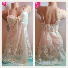 VTG Cinema Etoile Satiny Floral Chiffon Babydoll Chemise Size M Ivory