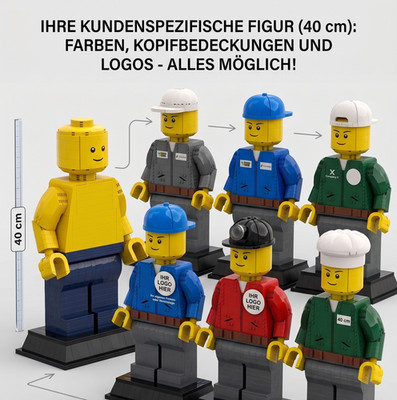 Große LEGO -Style Figur 45 cm   Marketingfigur mit Logo & Anleitung Wunschfarben