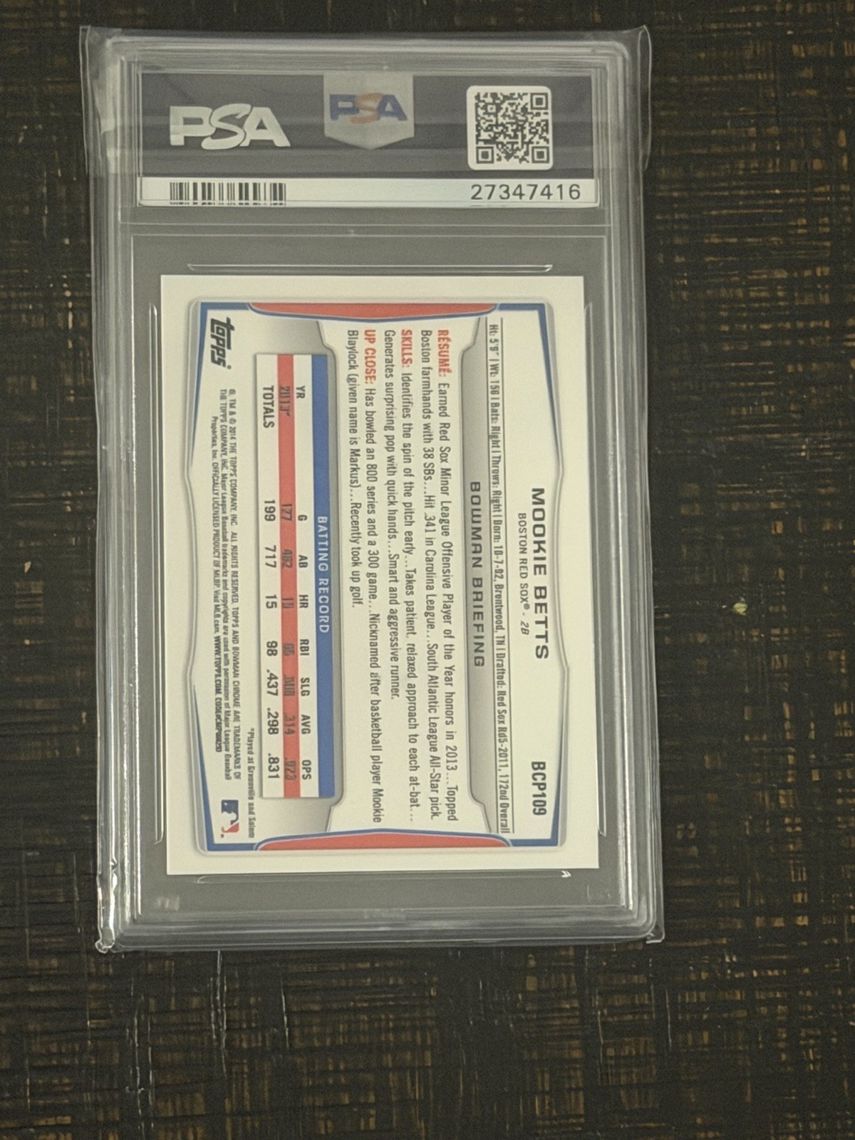 2014 Bowman Prospects Chrome Mookie Betts #BCP109 PSA 10 view 2