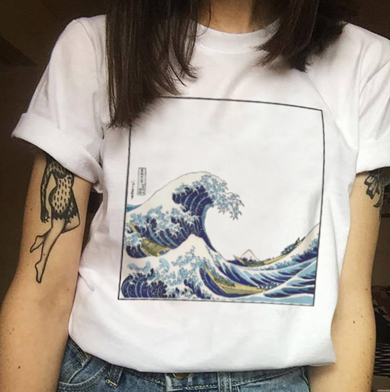 women's t-shirt bottoming shirt female retro elements literary wave mural