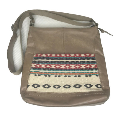 The Sak Taupe Leather Southwestern Weave Crossbody Bag Purse Shitake Loom 