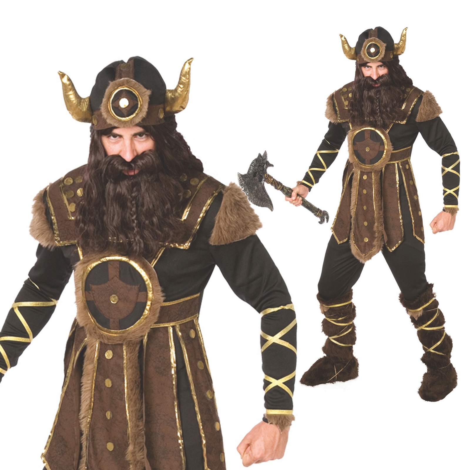 Men`s Viking Warrior Costume + Helmet Nordic Barbarian Warrior Outfit Halloween