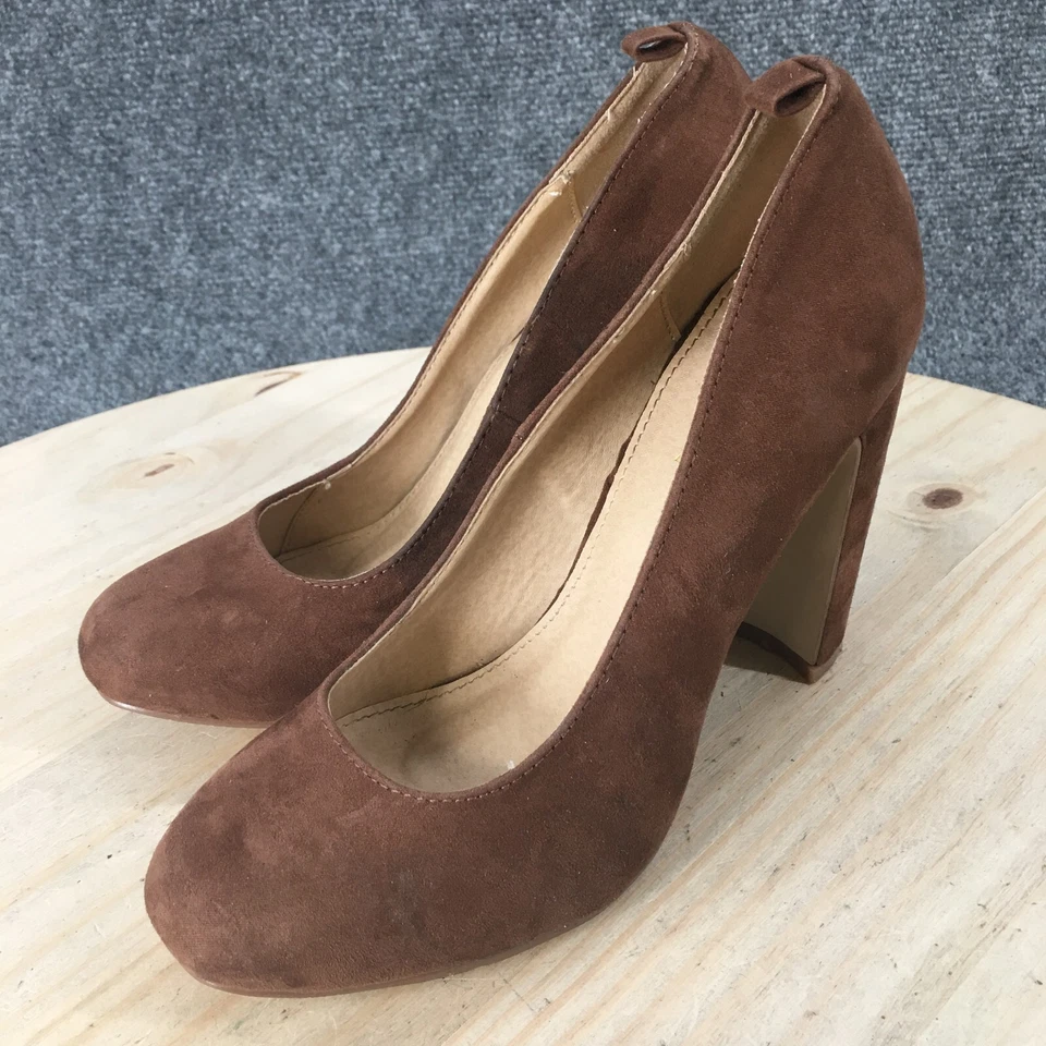 Alba Salto Alto Ultra Feminino 7 Blocos Biqueira Redonda Bombas Tecido Marrom Slip On - Imagem 3 de 4